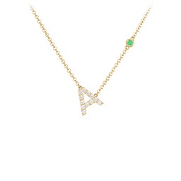 Pavé A Initial Necklace with Satellite Gemstone in 10K Solid Yellow Gold with White Premium Zirconia and Emerald
