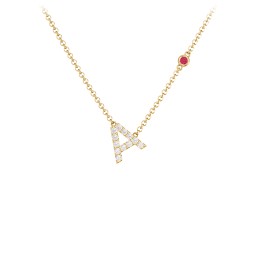 Pavé A Initial Necklace with Satellite Gemstone in 10K Solid Yellow Gold with White Premium Zirconia and Ruby