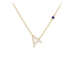 Pavé A Initial Necklace with Satellite Gemstone in 10K Solid Yellow Gold with White Premium Zirconia and Blue Sapphire