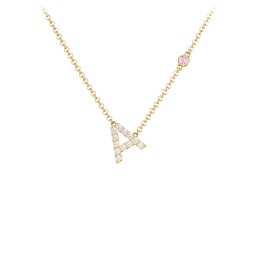 Pavé A Initial Necklace with Satellite Gemstone in 10K Solid Yellow Gold with White Premium Zirconia and Pink Tourmaline