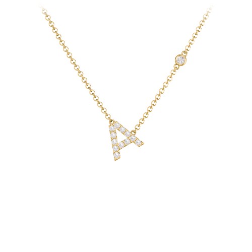 Pavé A Initial Necklace with Satellite Gemstone – 10K Yellow Gold with Diamond