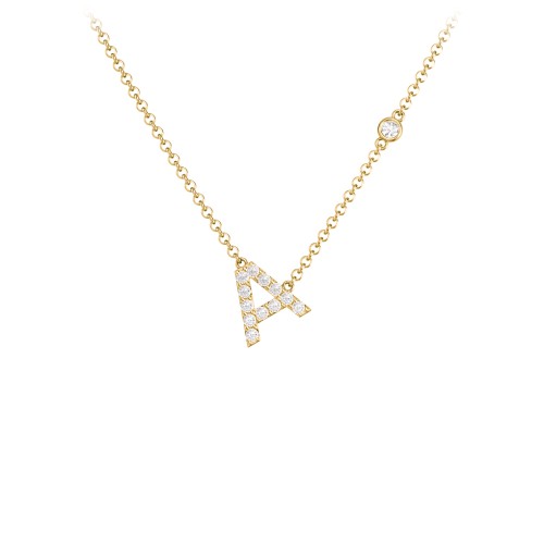 Pavé A Initial Necklace with Satellite Gemstone – 10K Yellow Gold with White Premium Zirconia and Cubic Zirconia