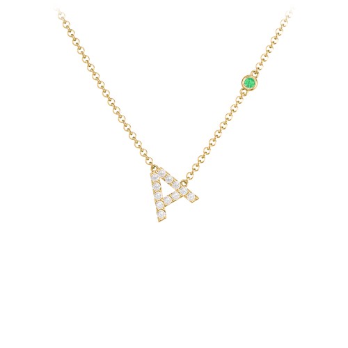 Pavé A Initial Necklace with Satellite Gemstone – 10K Yellow Gold with White Premium Zirconia and Emerald