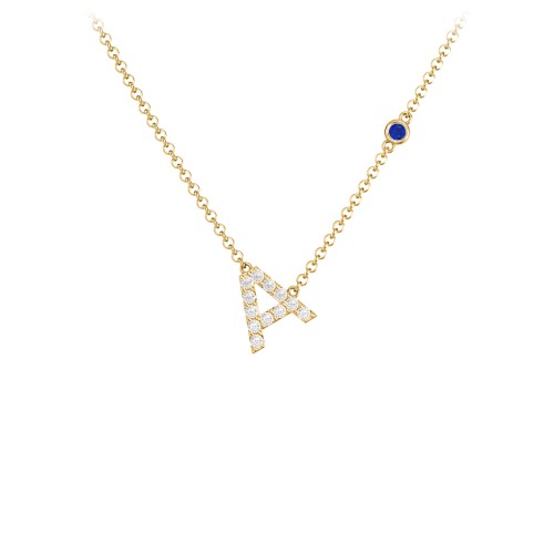 Pavé A Initial Necklace with Satellite Gemstone – 10K Yellow Gold with White Premium Zirconia and Blue Sapphire