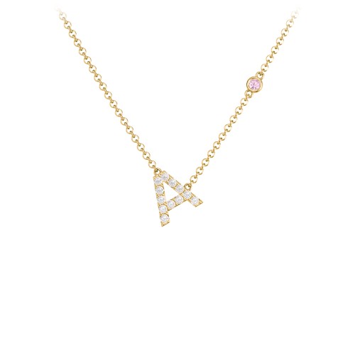 Pavé A Initial Necklace with Satellite Gemstone – 10K Yellow Gold with White Premium Zirconia and Pink Tourmaline