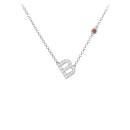 Pavé B Initial Necklace with Satellite Gemstone in 925 Sterling Silver with White Premium Zirconia and Garnet