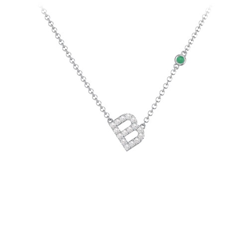 Pavé B Initial Necklace with Satellite Gemstone – Sterling Silver with White Premium Zirconia and Emerald