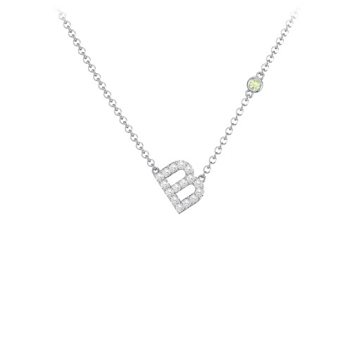 Pavé B Initial Necklace with Satellite Gemstone – Sterling Silver with White Premium Zirconia and Peridot