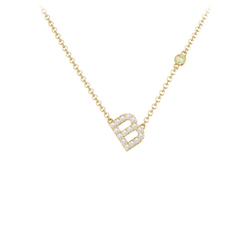 Pavé B Initial Necklace with Satellite Gemstone – 10K Yellow Gold with White Premium Zirconia and Peridot