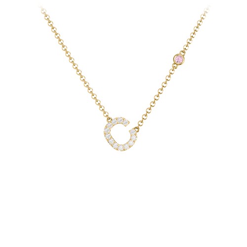 Pavé C Initial Necklace with Satellite Gemstone – 10K Yellow Gold with White Premium Zirconia and Pink Tourmaline