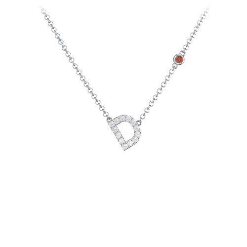 Pavé D Initial Necklace with Satellite Gemstone – Sterling Silver with White Premium Zirconia and Garnet