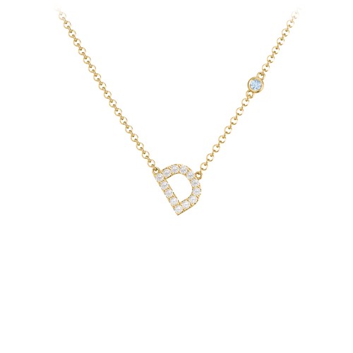 Pavé D Initial Necklace with Satellite Gemstone – 10K Yellow Gold with White Premium Zirconia and Blue Topaz