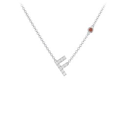 Pavé F Initial Necklace with Satellite Gemstone in 925 Sterling Silver with White Premium Zirconia and Garnet