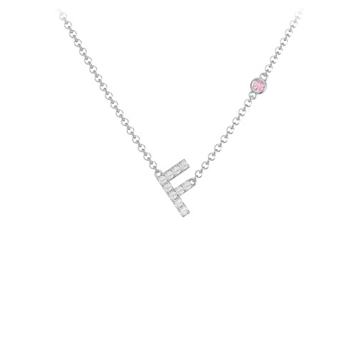 Pavé F Initial Necklace with Satellite Gemstone – Sterling Silver with White Premium Zirconia and Pink Tourmaline