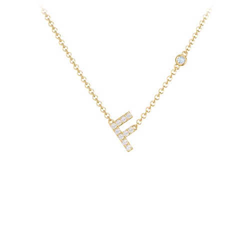 Pavé F Initial Necklace with Satellite Gemstone – 10K Yellow Gold with White Premium Zirconia and Aquamarine