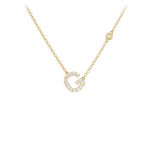 Pavé G Initial Necklace with Satellite Gemstone – 10K Yellow Gold with White Premium Zirconia and Peridot