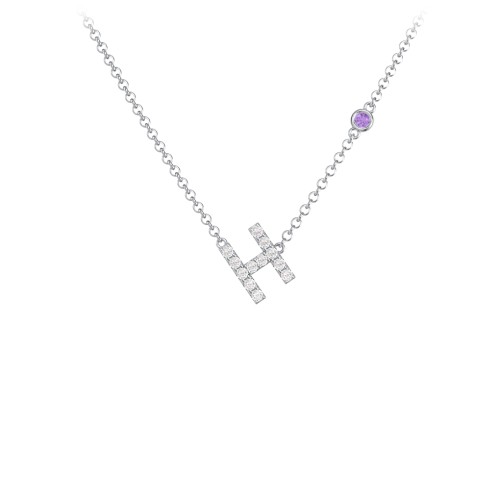 Pavé H Initial Necklace with Satellite Gemstone – Sterling Silver with White Premium Zirconia and Amethyst