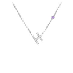 Pavé H Initial Necklace with Satellite Gemstone – 10K Yellow Gold with White Premium Zirconia and Amethyst