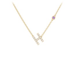 Pavé H Initial Necklace with Satellite Gemstone in 10K Solid Yellow Gold with White Premium Zirconia and Amethyst