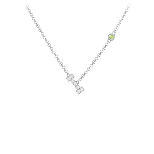 Pavé I Initial Necklace with Satellite Gemstone – Sterling Silver with White Premium Zirconia and Peridot