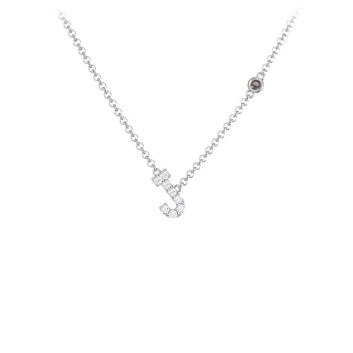 Pavé J Initial Necklace with Satellite Gemstone – Sterling Silver with White Premium Zirconia and Smokey Quartz
