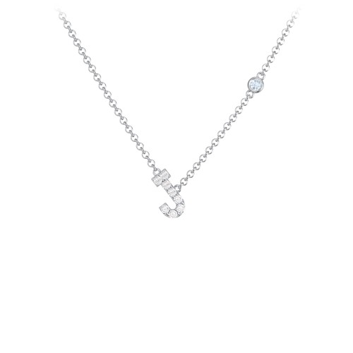 Pavé J Initial Necklace with Satellite Gemstone – Sterling Silver with White Premium Zirconia and Aquamarine
