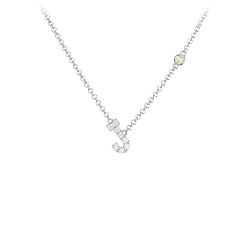 Pavé J Initial Necklace with Satellite Gemstone – Sterling Silver with White Premium Zirconia and Peridot
