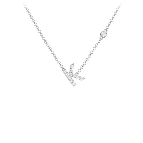 Pavé K Initial Necklace with Satellite Gemstone – Sterling Silver with White Premium Zirconia and Cubic Zirconia