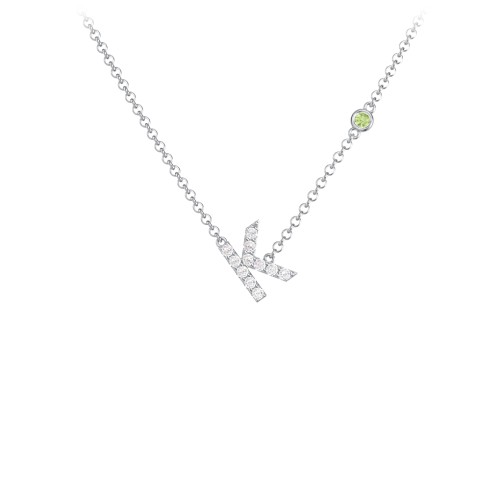 Pavé K Initial Necklace with Satellite Gemstone – Sterling Silver with White Premium Zirconia and Peridot