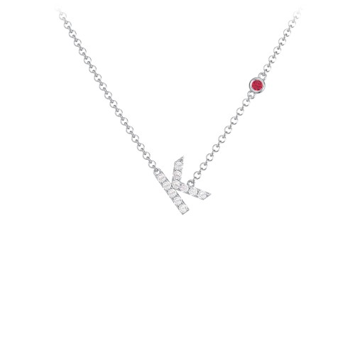 Pavé K Initial Necklace with Satellite Gemstone – Sterling Silver with White Premium Zirconia and Ruby