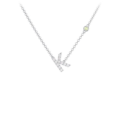 Pavé K Initial Necklace with Satellite Gemstone – Sterling Silver with White Premium Zirconia and Peridot
