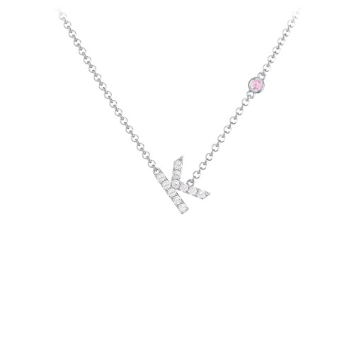 Pavé K Initial Necklace with Satellite Gemstone – Sterling Silver with White Premium Zirconia and Pink Tourmaline