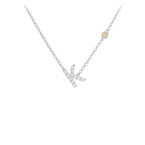 Pavé K Initial Necklace with Satellite Gemstone – Sterling Silver with White Premium Zirconia and Citrine