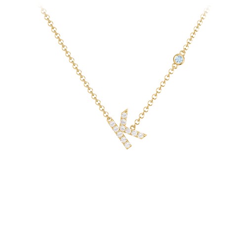 Pavé K Initial Necklace with Satellite Gemstone – 10K Yellow Gold with White Premium Zirconia and Blue Topaz