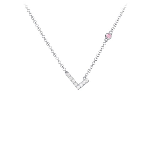 Pavé L Initial Necklace with Satellite Gemstone – Sterling Silver with White Premium Zirconia and Pink Tourmaline