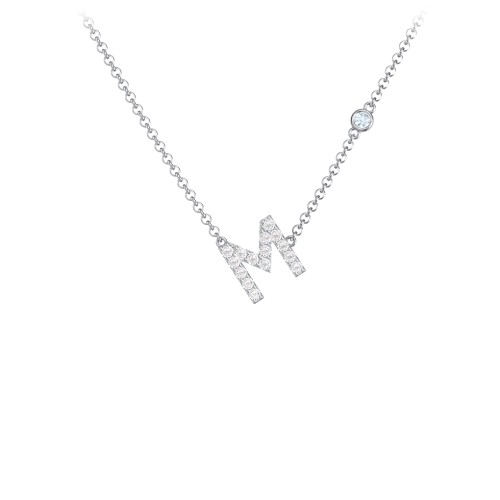Pavé M Initial Necklace with Satellite Gemstone – Sterling Silver with White Premium Zirconia and Aquamarine