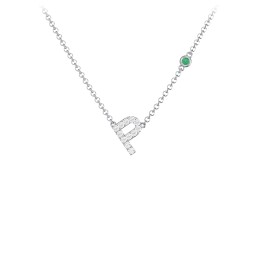 Pavé P Initial Necklace with Satellite Gemstone in 925 Sterling Silver with White Premium Zirconia and Emerald