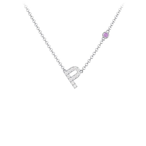 Pavé P Initial Necklace with Satellite Gemstone – Sterling Silver with White Premium Zirconia and Amethyst