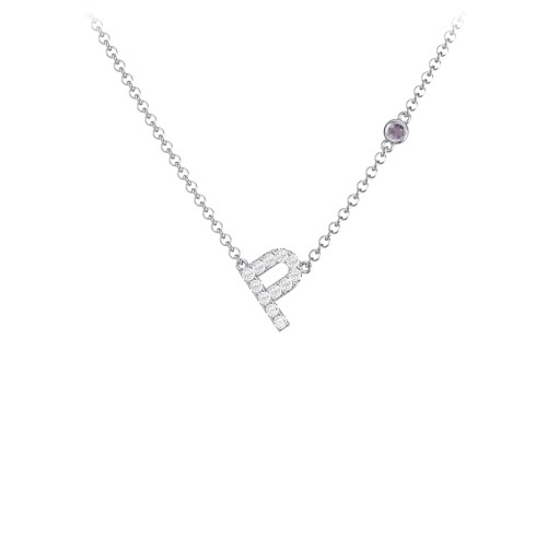 Pavé P Initial Necklace with Satellite Gemstone – Sterling Silver with White Premium Zirconia and Alexandrite