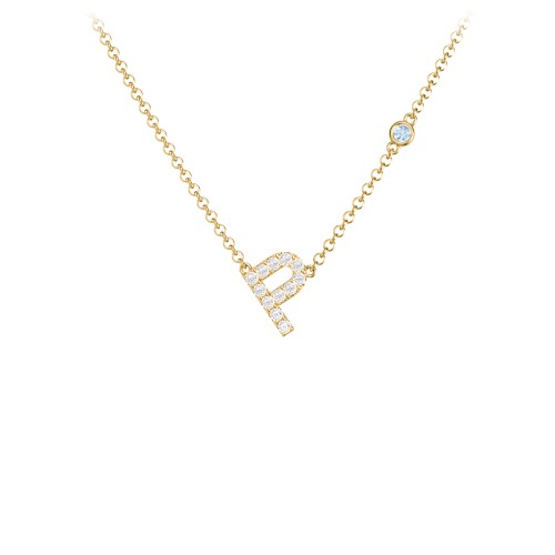 Pavé P Initial Necklace with Satellite Gemstone – 10K Yellow Gold with White Premium Zirconia and Blue Topaz
