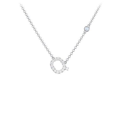 Pavé Q Initial Necklace with Satellite Gemstone – Sterling Silver with White Premium Zirconia and Aquamarine