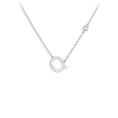Pavé Q Initial Necklace with Satellite Gemstone – 10K Yellow Gold with White Premium Zirconia and Aquamarine