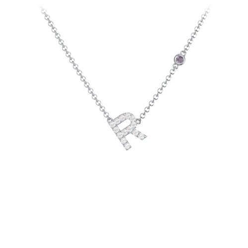 Pavé R Initial Necklace with Satellite Gemstone – Sterling Silver with White Premium Zirconia and Alexandrite