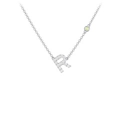 Pavé R Initial Necklace with Satellite Gemstone – 10K Yellow Gold with White Premium Zirconia and Peridot