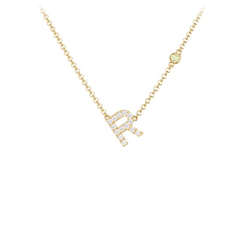Pavé R Initial Necklace with Satellite Gemstone – 10K Yellow Gold with White Premium Zirconia and Peridot