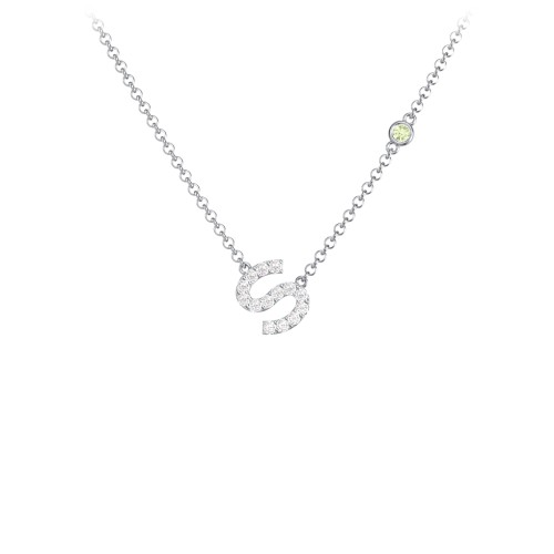 Pavé S Initial Necklace with Satellite Gemstone – Sterling Silver with White Premium Zirconia and Peridot