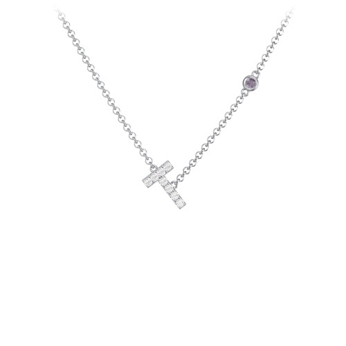 Pavé T Initial Necklace with Satellite Gemstone – Sterling Silver with White Premium Zirconia and Alexandrite