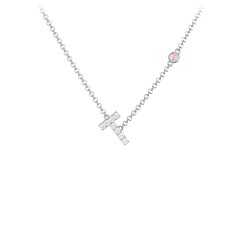 Pavé T Initial Necklace with Satellite Gemstone – 10K Yellow Gold with White Premium Zirconia and Pink Tourmaline