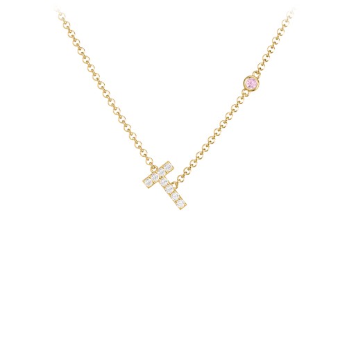 Pavé T Initial Necklace with Satellite Gemstone – 10K Yellow Gold with White Premium Zirconia and Pink Tourmaline