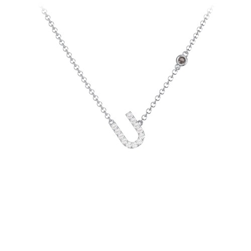 Pavé U Initial Necklace with Satellite Gemstone – Sterling Silver with White Premium Zirconia and Smokey Quartz